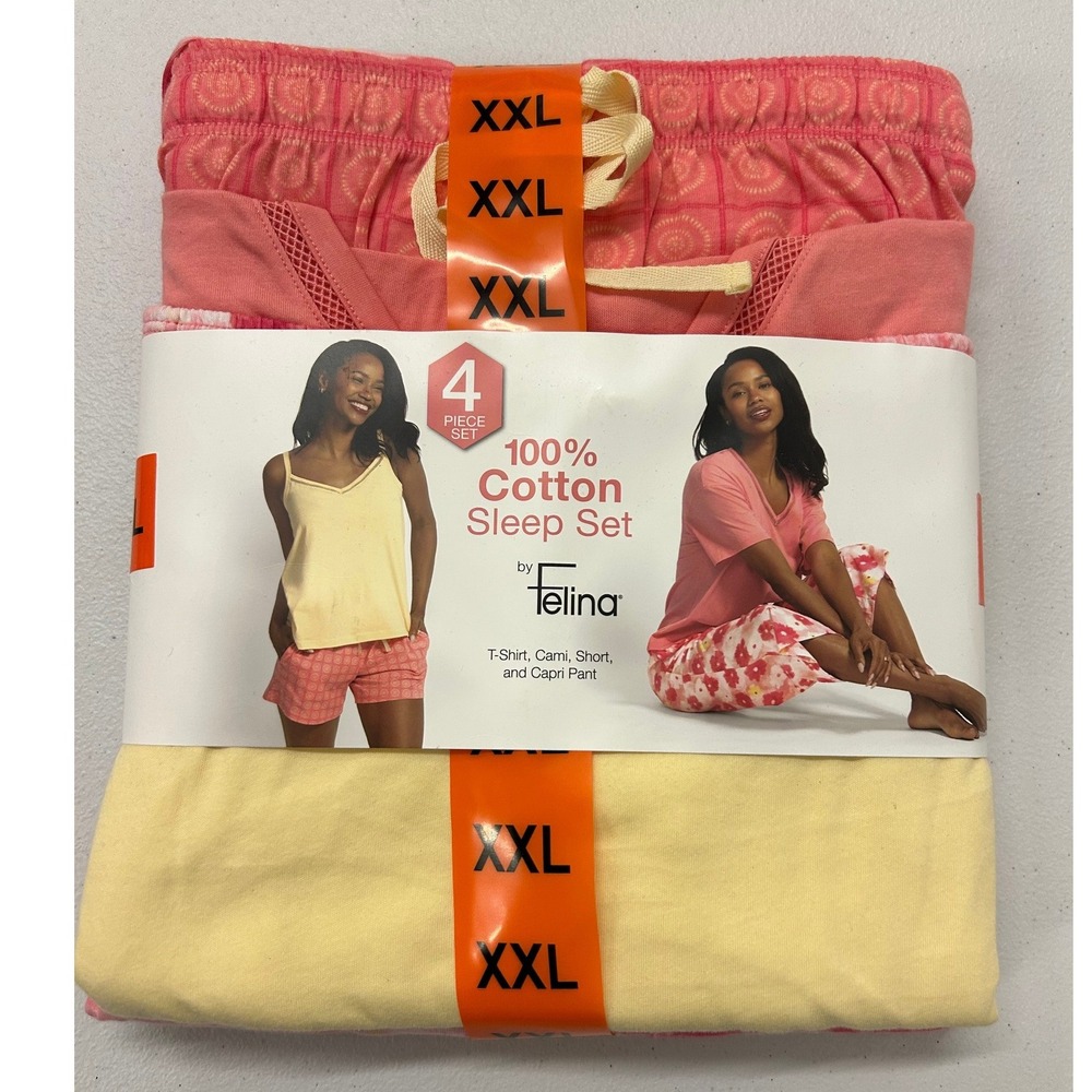 Felina Womens 4 Piece 100% Cotton Sleep Set Pajama T-Shirt Cami Capri XXL C8242